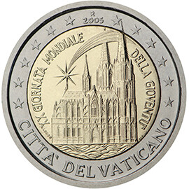 Moeda comemorativa do dia Mundial da Juventude Emitida em 2005 no Vaticano para comemorar o 20.º aniversário do Dia Mundial da Juventude, está à venda por cerca de 30