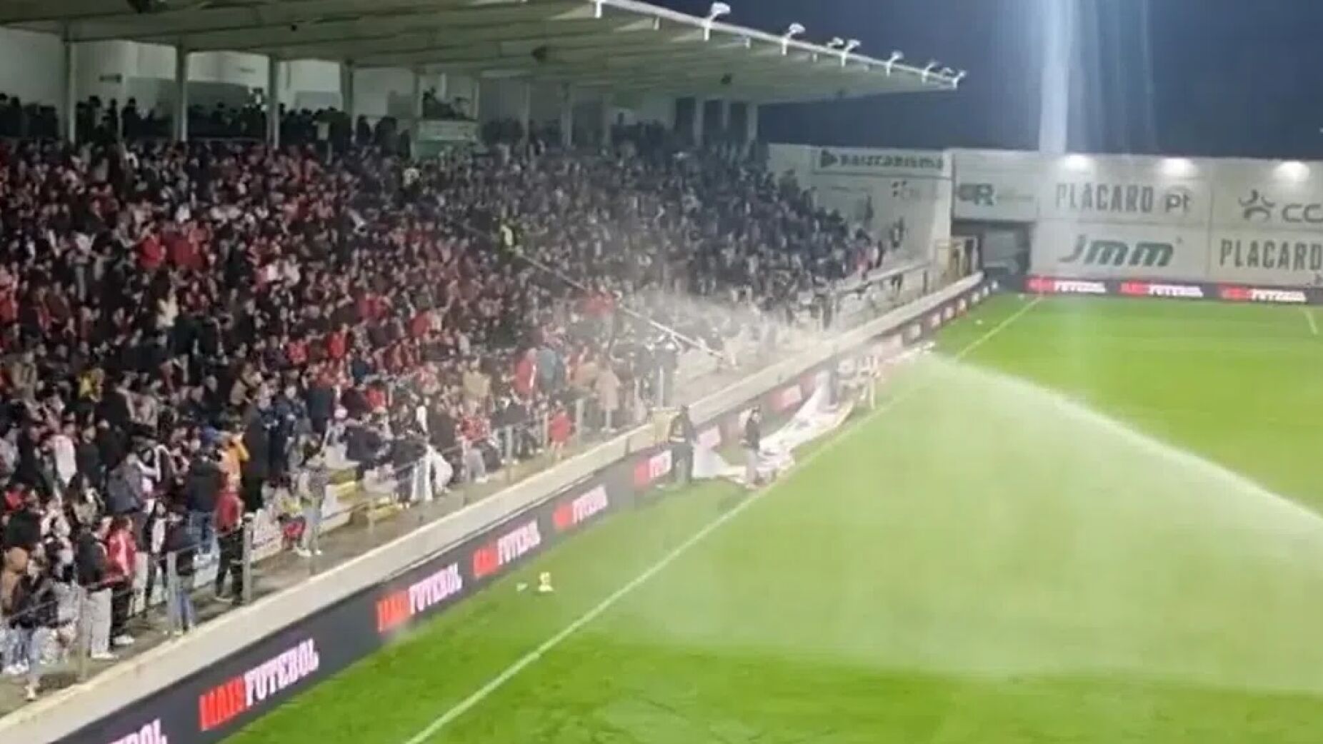 Banho inesperado e protestos nas bancadas: adeptos do Benfica apanhados pelo sistema de rega ao intervalo