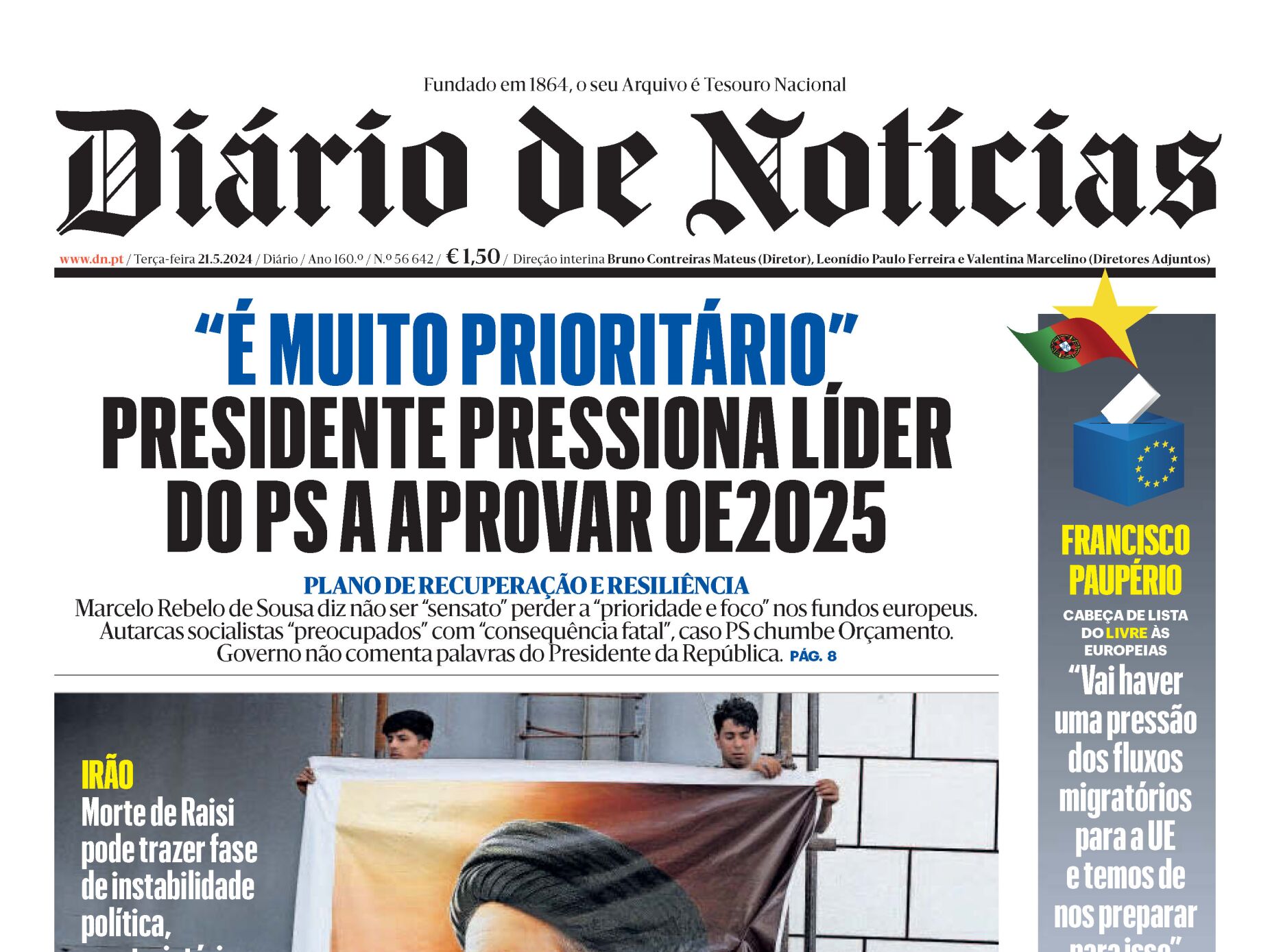 A primeira página do DN desta terça-feira