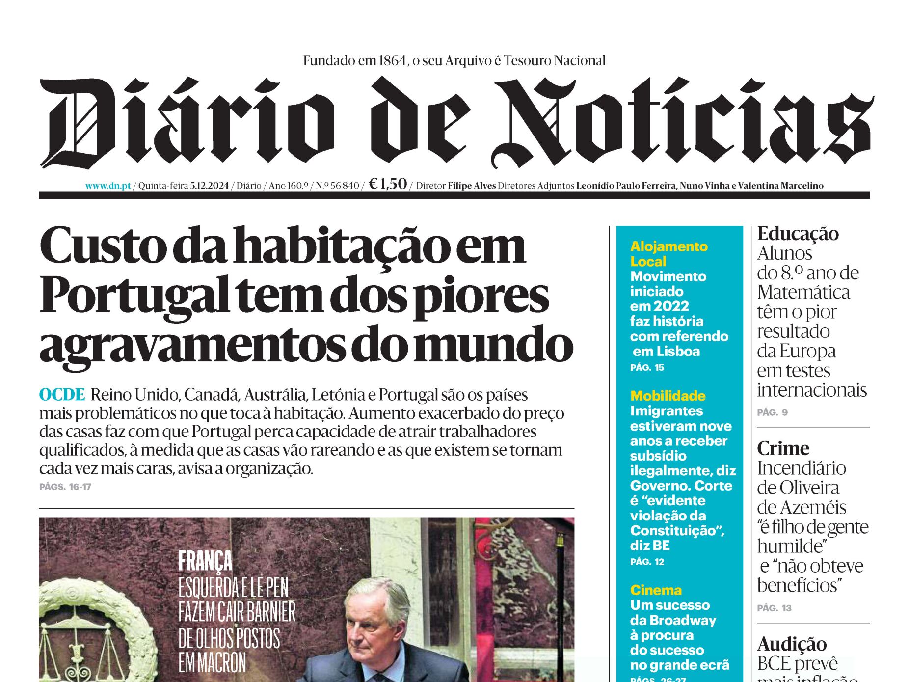 A primeira página do DN desta quinta-feira