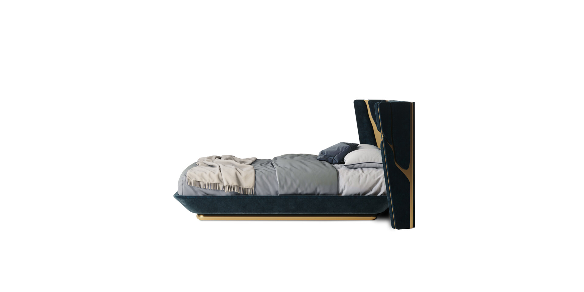 Kintsukuroi Bed Lateral View with Dark Blue Soft Velvet and Color Metal in Matt Finish ALMA de LUCE