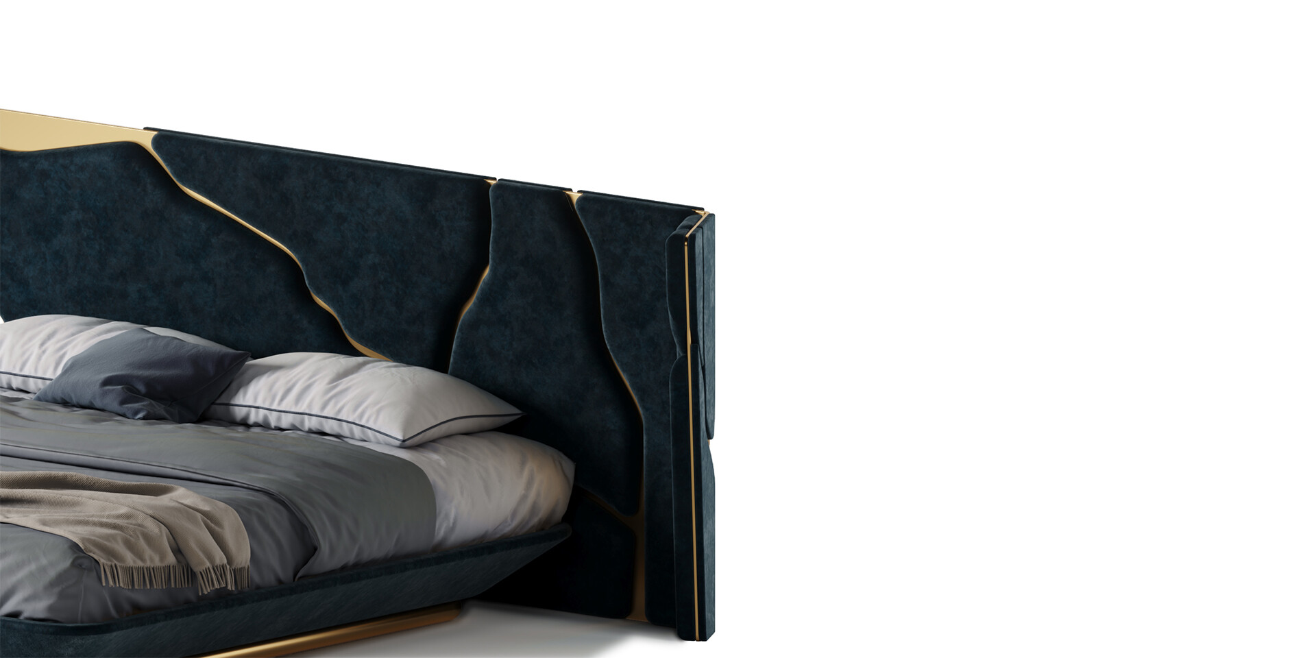 Kintsukuroi Bed Detail Gold Frieze View with Dark Blue Soft Velvet and Color Metal in Matt Finish ALMA de