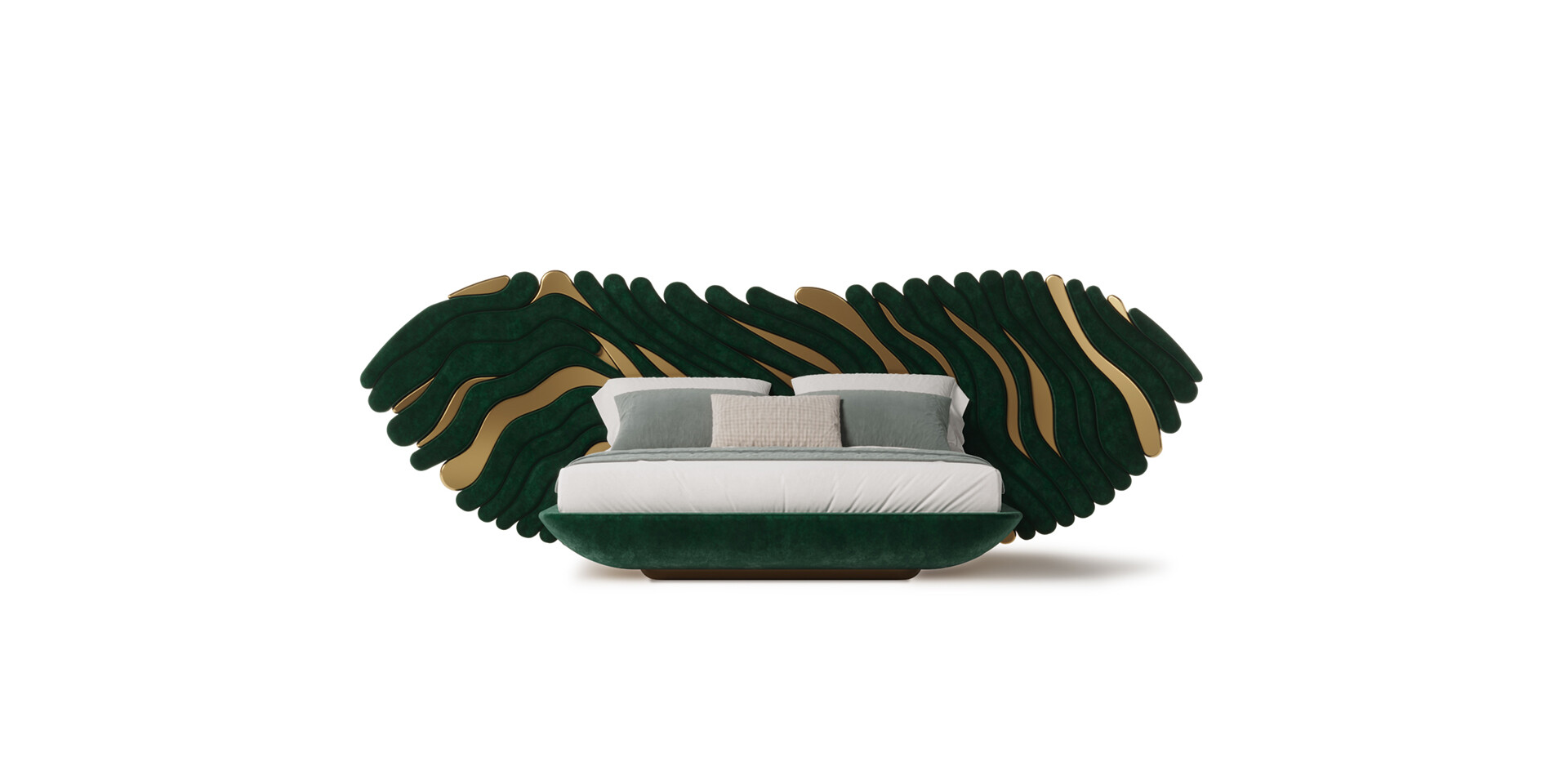 Douro Bed Green Soft Velvet and Color Metal in Matt Finish Front View ALMA de LUCE