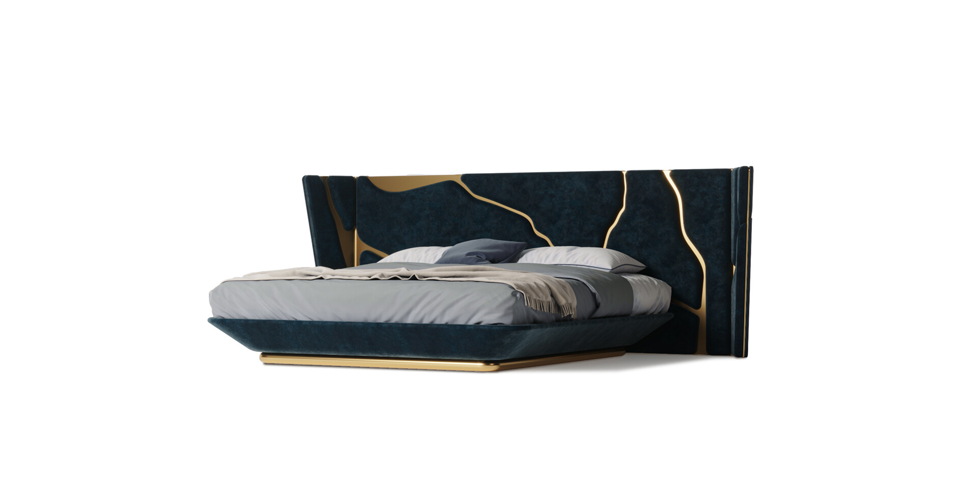 Kintsukuroi Bed Prespective View with Dark Blue Soft Velvet and Color Metal in Matt Finish ALMA de LUCE