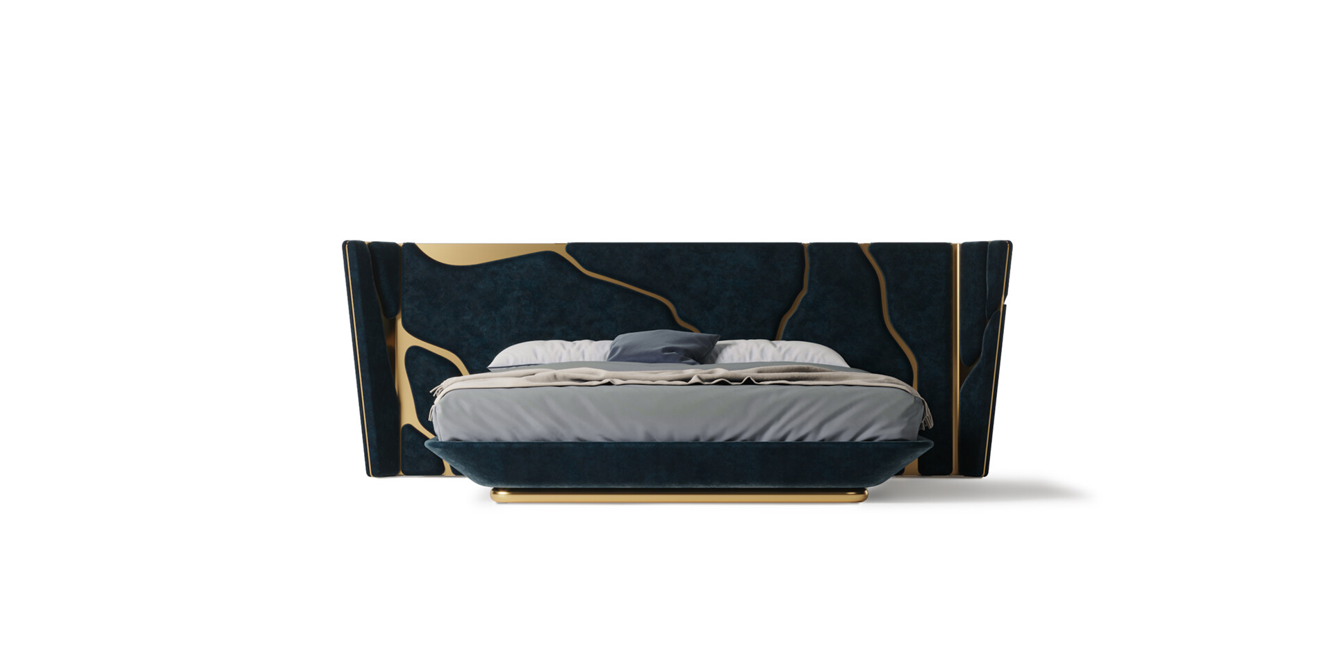 Kintsukuroi Bed Front View with Dark Blue Soft Velvet and Color Metal in Matt Finish ALMA de LUCE