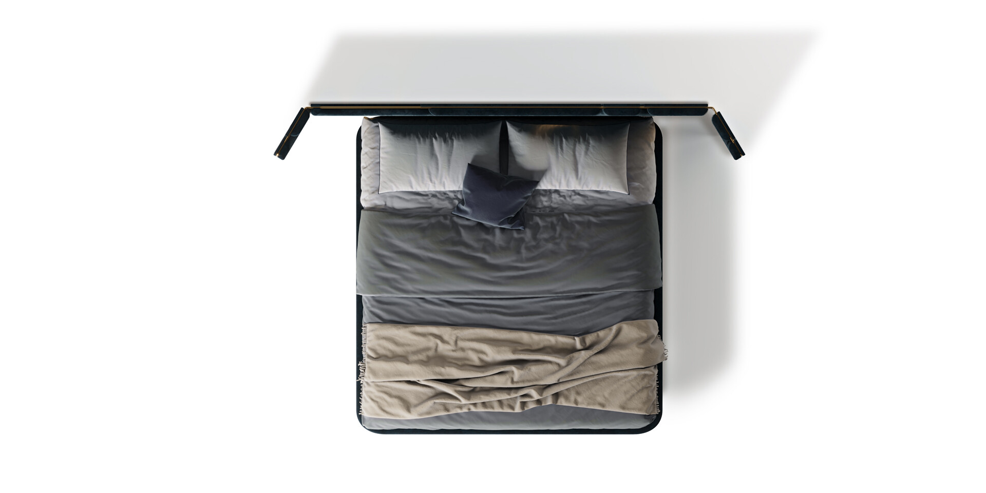 Kintsukuroi Bed Top View with Dark Blue Soft Velvet and Color Metal in Matt Finish ALMA de LUCE