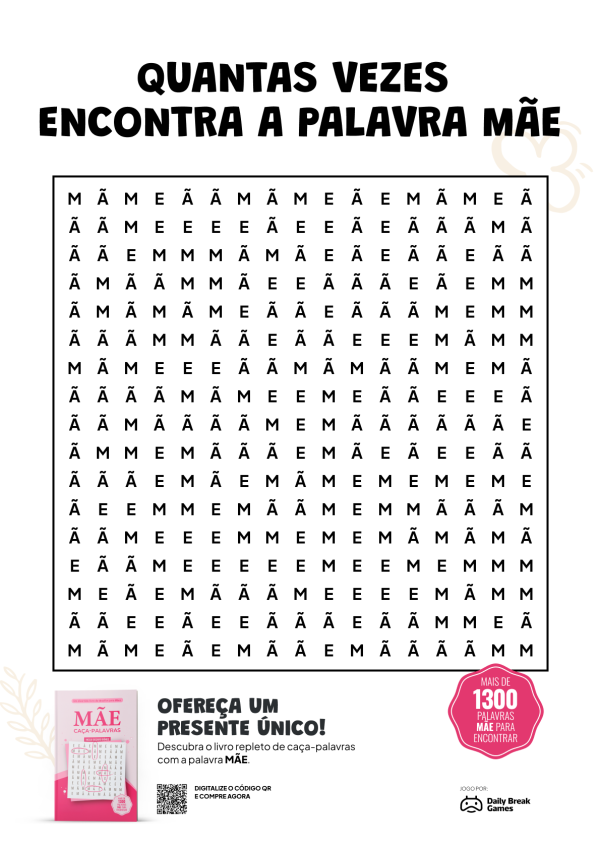 Caça-palavras com palavra MÃE para imprimir (PDF grátis)
